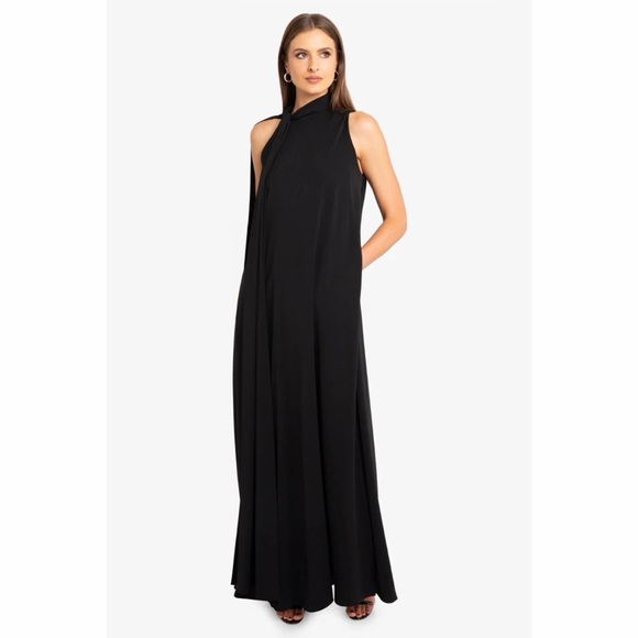 $575 Black Halo Henna Gown Maxi Long Dress Black Flowy Slit Necktie Sash LG